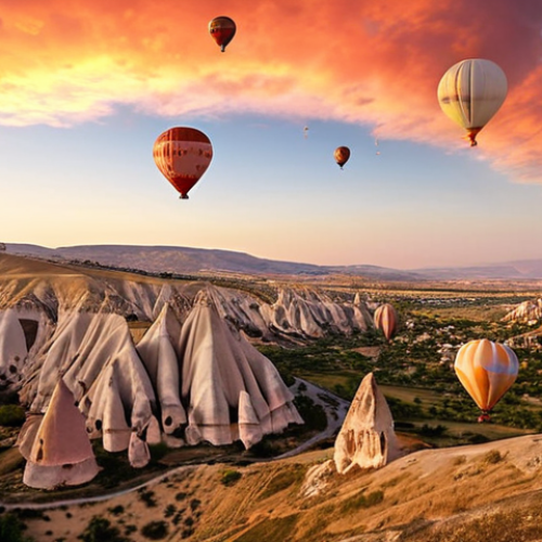 Home 13 **Cappadocia's Unique Landscape**: Create an image of the surreal landscapes of Cappadocia at sunrise, featuring unique rock formations and colorful hot air balloons floating in the sky as the sun casts an orange glow over the scene.