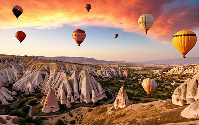 **Cappadocia's Unique Landscape**: Create an image of the surreal landscapes of Cappadocia at sunrise, featuring unique rock formations and colorful hot air balloons floating in the sky as the sun casts an orange glow over the scene.