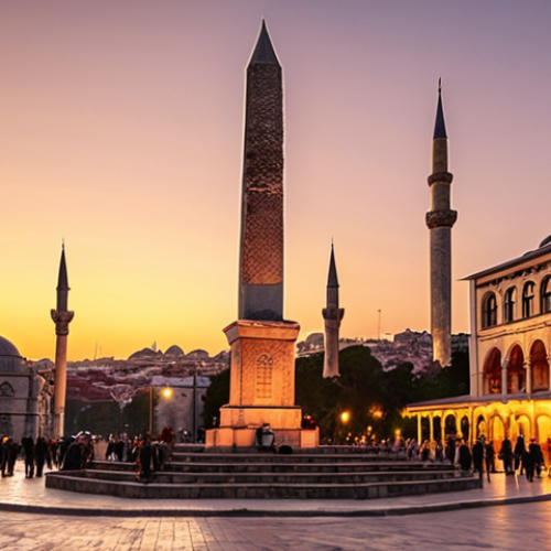 Home 8 Sultan Ahmet Square, Istanbul at sunset: Obelisk, historical architecture, locals socializing, warm lighting.