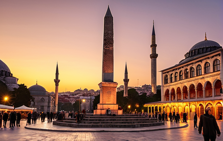 Sultan Ahmet Square, Istanbul at sunset: Obelisk, historical architecture, locals socializing, warm lighting.